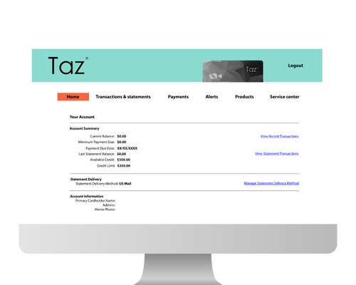 Taz credit card account management website.